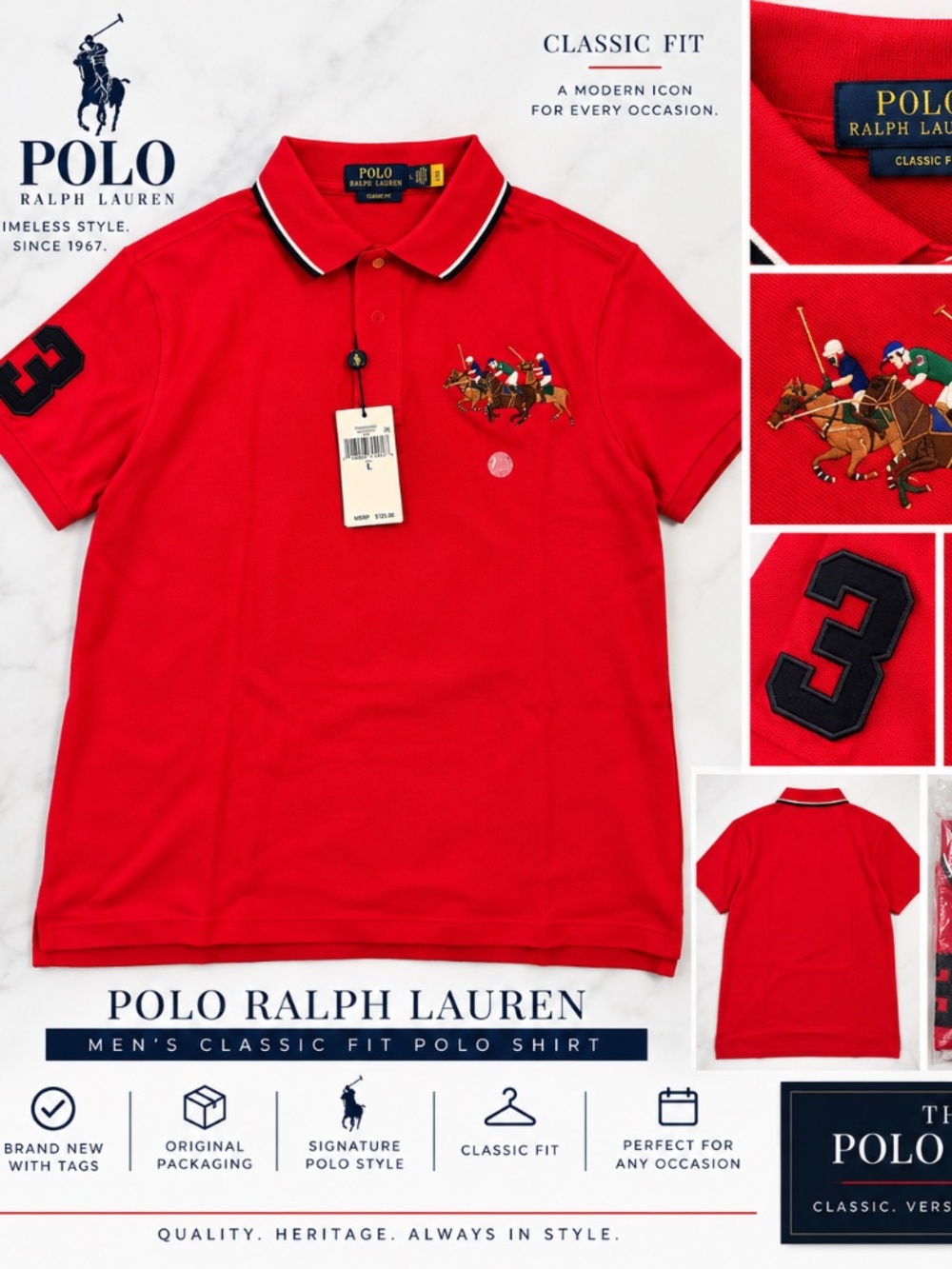 NWT Polo Ralph Lauren Red Multi Pony Classic Fit Polo Men’s L $125